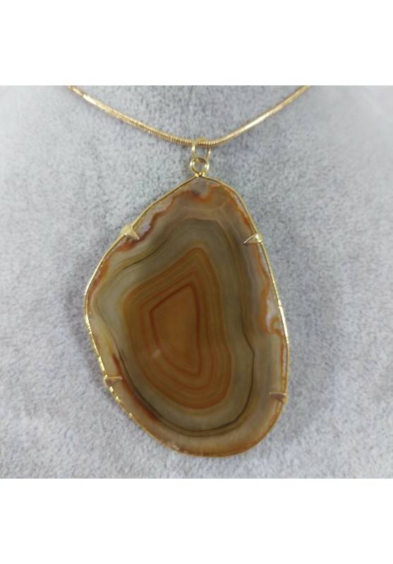 Ciondolo in Fetta d'Agata Marrone Oro Collana Pendente Charm Minerali Chakra Zen-1