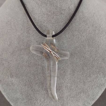 Cross Pendant in HYALINE Quartz Rock Crystal SILVER Necklace Healing Jewel Zen-3